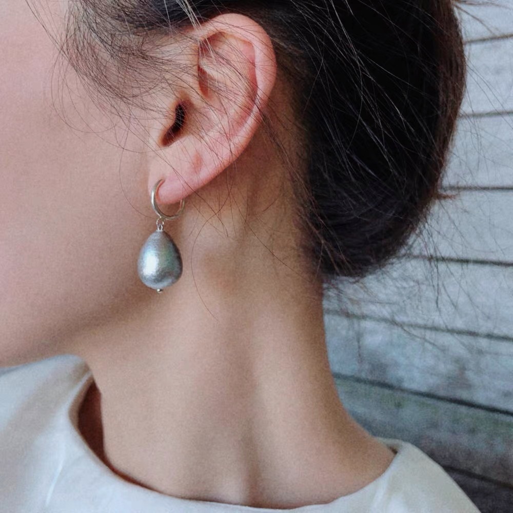 Silver grey cotton pearl hoop earrings